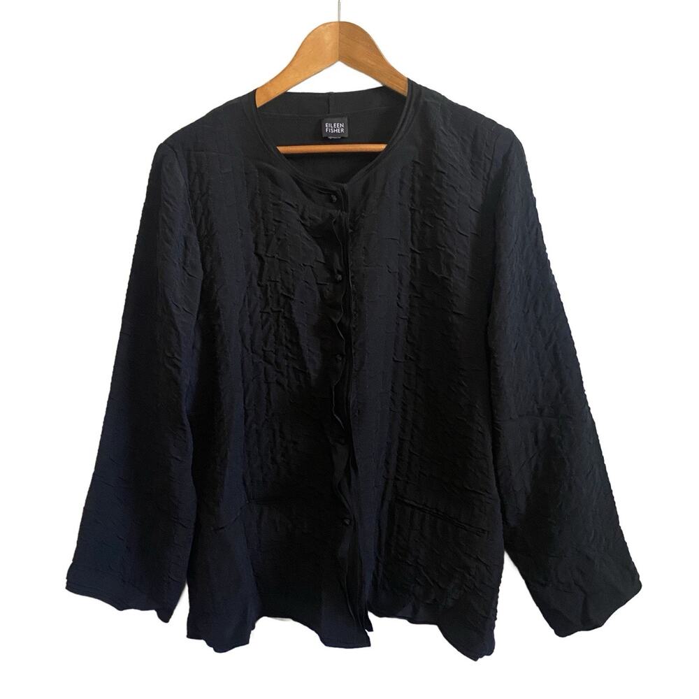 Eileen Fisher Black Crinkled Textured Crushed Silk Long Sleeve Jacket Blazer Top